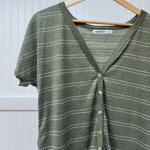 Hanger 55 Green Stripe Short Sleeve Tee Top Buttons Tie Soft Women's Small Earth